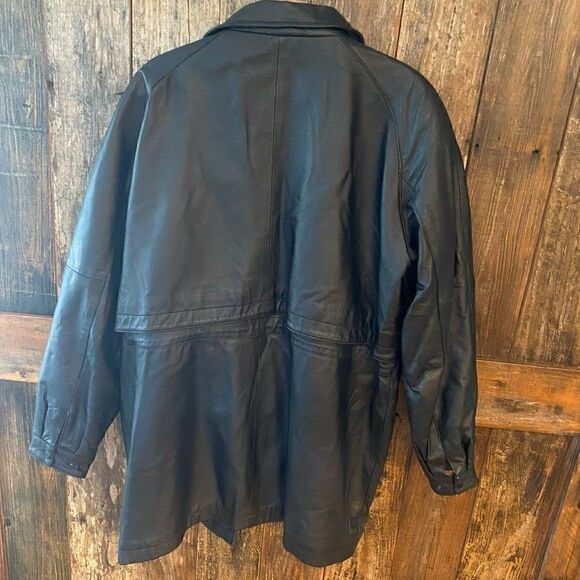 Phase 2 Vintage Black Leather Trench-Coat Shawl Collar Front Pockets Adj Waist - Picture 7 of 11